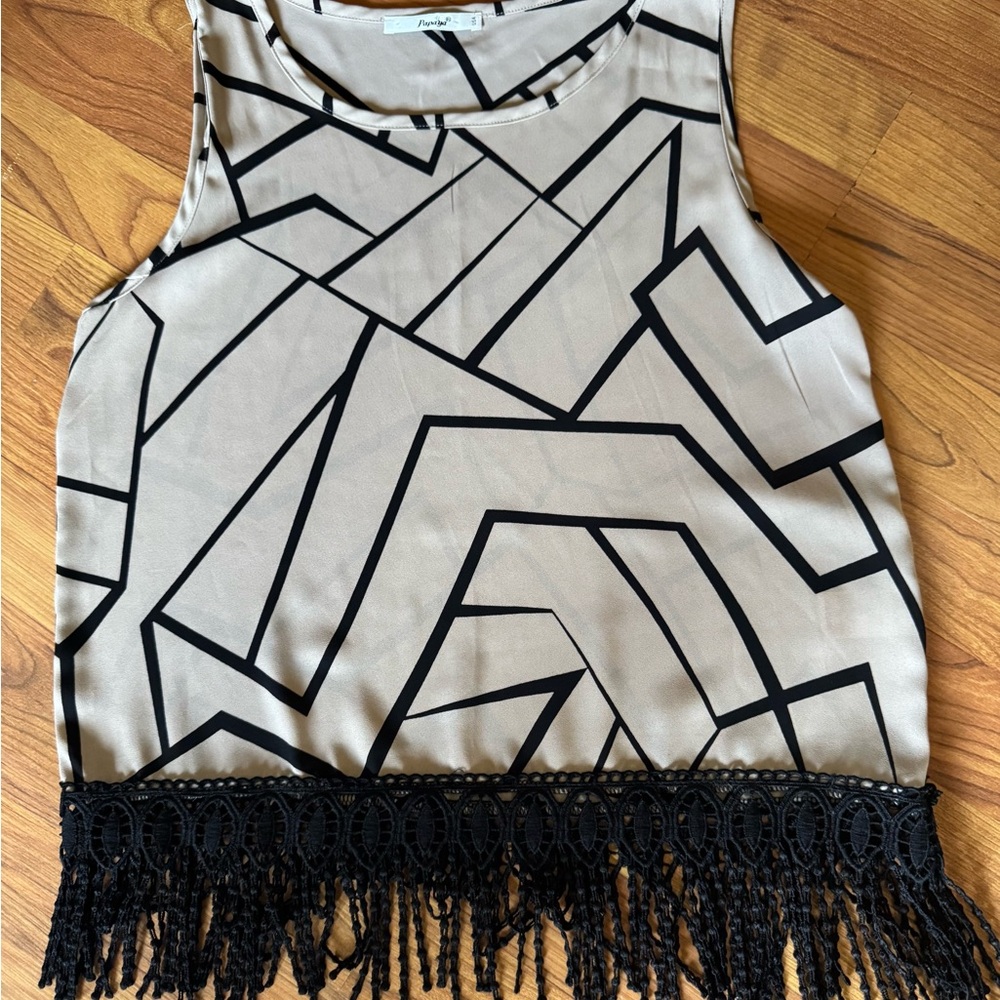 Papaya Black and White Graphic Tank Top with Fringe